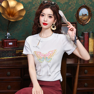 2024夏季新款新中式女装复古减龄上衣国风刺绣蝴蝶白色t恤女短袖