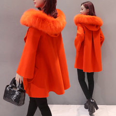 2016冬季新款韩版中长款狐狸毛宽松斗篷羊毛呢子大衣毛呢外套女装