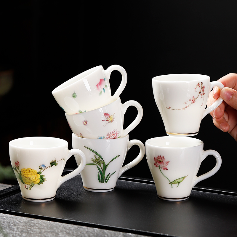 德化白瓷有耳陶瓷茶杯功夫茶具品茗杯带把羊脂玉洱隔热杯单杯定制