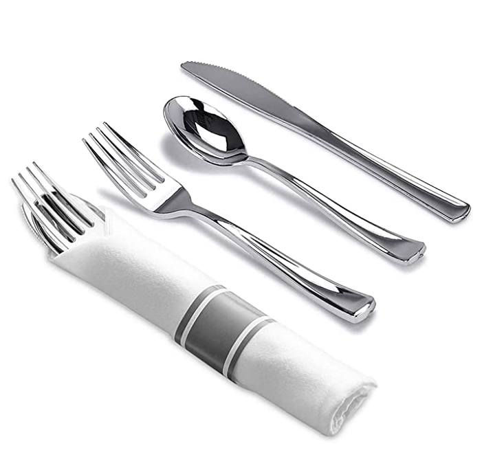 亚马逊一次性塑料银色刀叉勺餐巾纸套装婚礼派对餐饮餐具金色三件