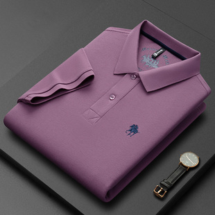 男士POLO衫纯棉男T恤短袖中老年紫色休闲翻领半袖夏季高端保罗衫