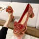中式红色婚鞋新娘鞋女2024年春夏新款法式水晶鞋粗跟蝴蝶结高跟鞋