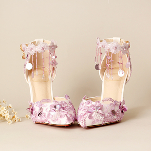 巴黎世家30概念鞋紫色 紫色流蘇亮片腕帶新娘鞋超高跟細跟包頭禮服婚紗照鞋女鞋涼鞋婚鞋 巴黎世家3代鞋子