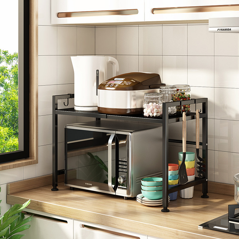 可伸缩厨房微波炉置物架家用烤箱收纳架子双层台面电饭锅用品橱柜