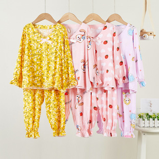 夏季儿童家居服套装九分裤薄款睡衣女童宝宝长袖人造棉空调服
