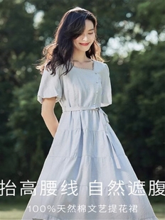 茵曼法式方领短袖连衣裙女士2024年夏季新款纯棉收腰裙子小个子