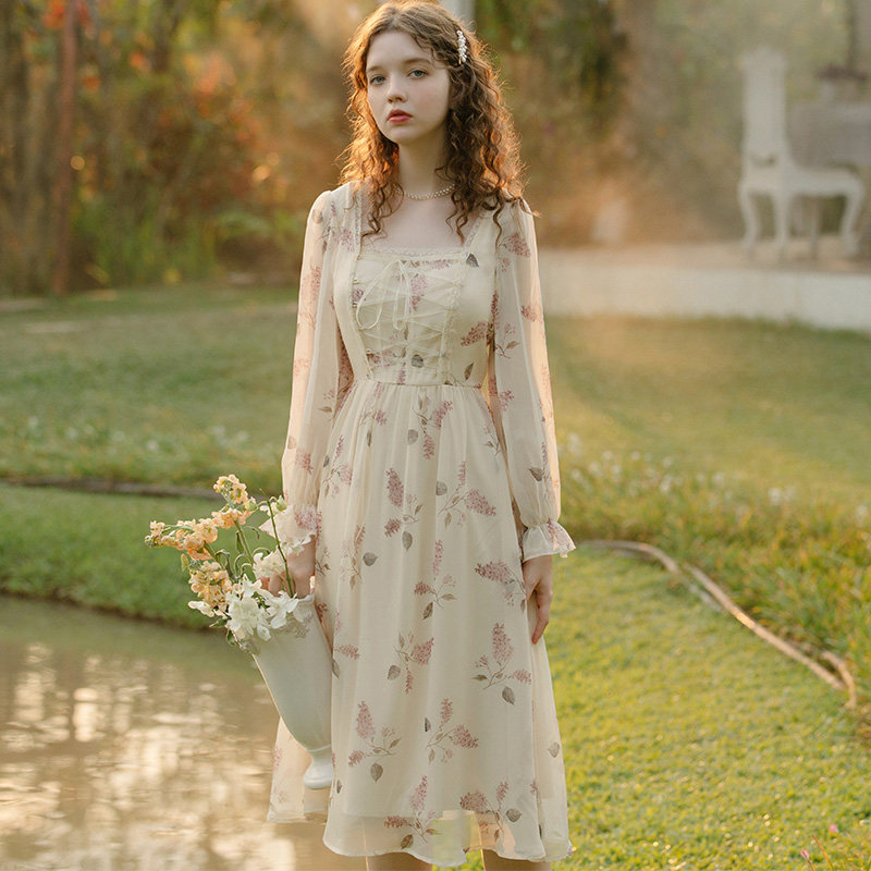 linjou玲玖法式方领连衣裙女夏收腰碎花雪纺长裙初恋裙春秋2020年