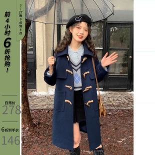玲玖2023冬新款赫本风小个子呢子大衣加厚藏蓝色牛角扣毛呢外套女