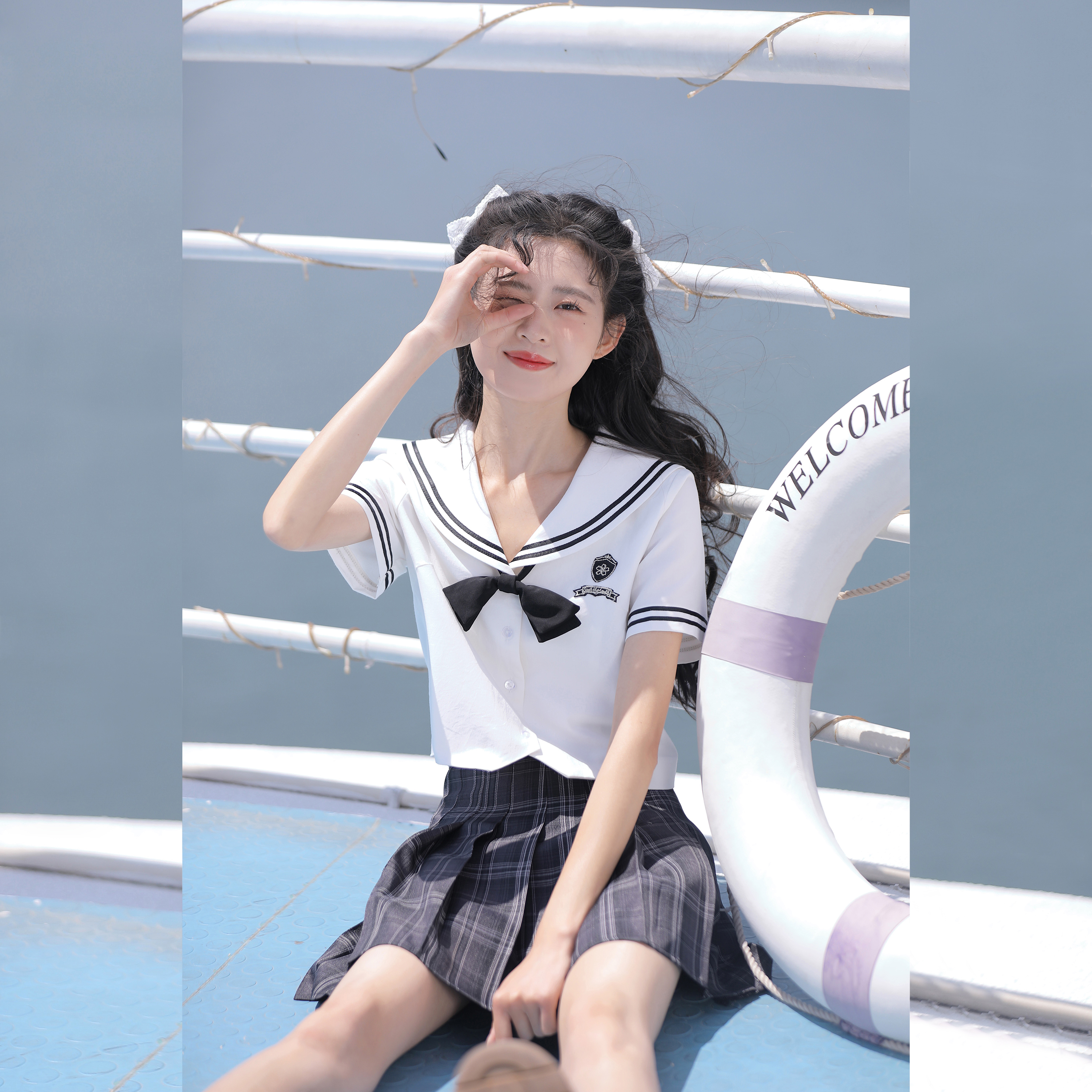 玲玖学院白色水手服衬衫jk格子百褶裙两件套小个子海军风套装女夏