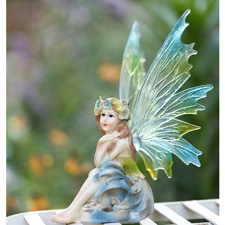 园艺庭院欧式复古做旧乡村少女摆件花仙子小天使 透明翅膀精灵