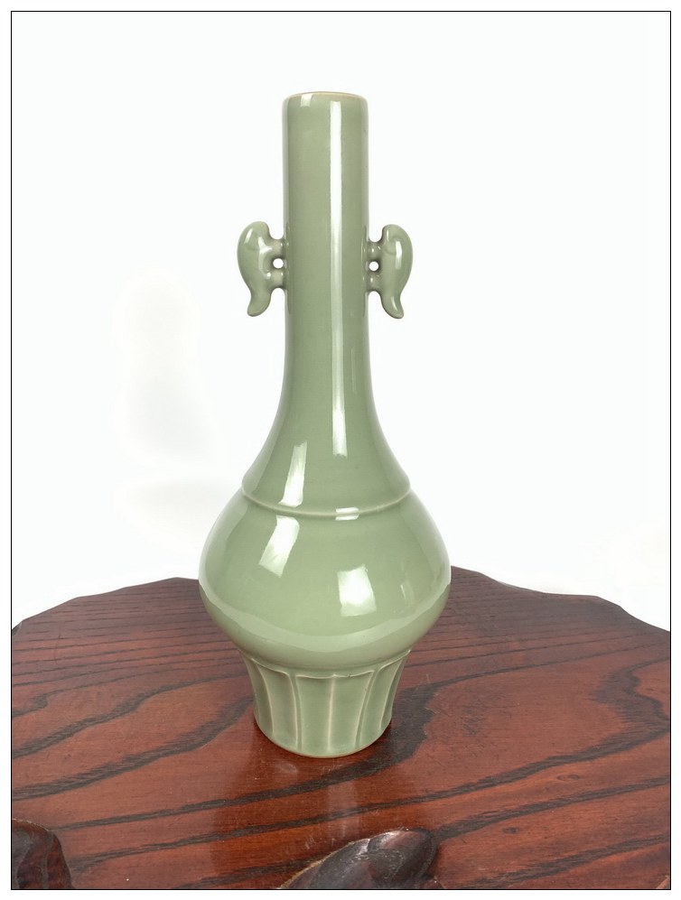 中古日本产 蘇峰作 昭和中期青瓷双耳一轮插青瓷花瓶