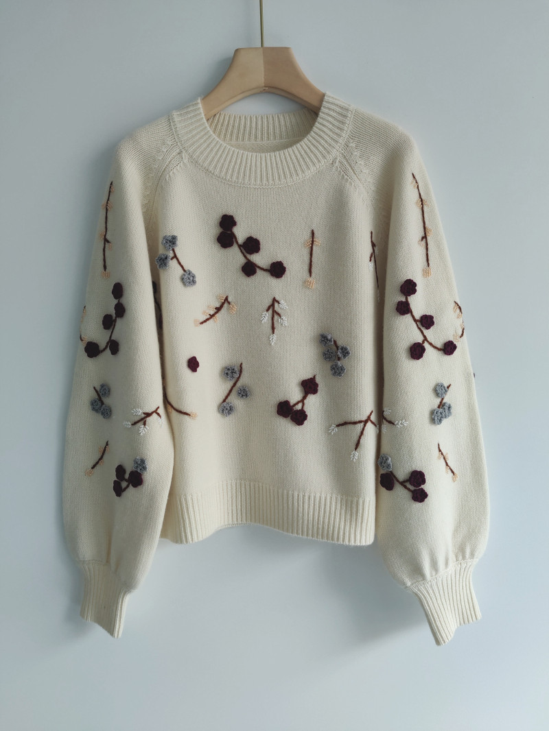 高端软糯纯色山羊绒女装针织毛衣圆领长袖短款上衣手工绣花