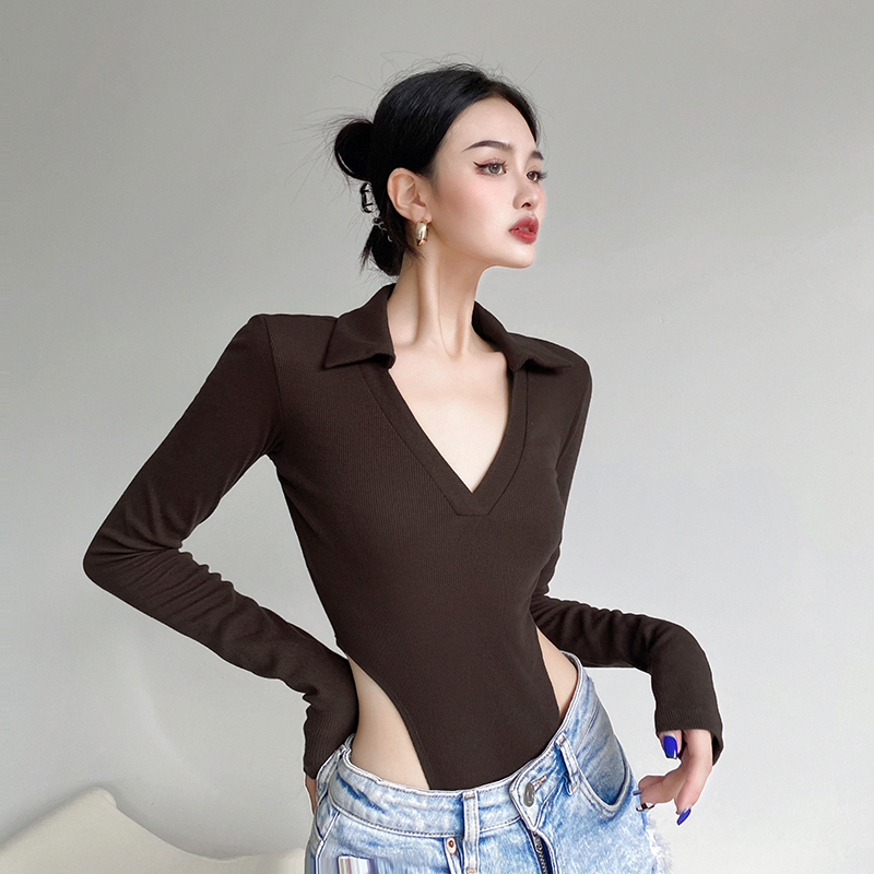 om潮人馆 欧美风螺纹v型翻领纯色打底连体衣修身显瘦性感t恤女秋