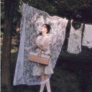 婚纱摄影道具纱影楼外景ins美式浪漫白色蕾丝野餐网纱拍照背景布