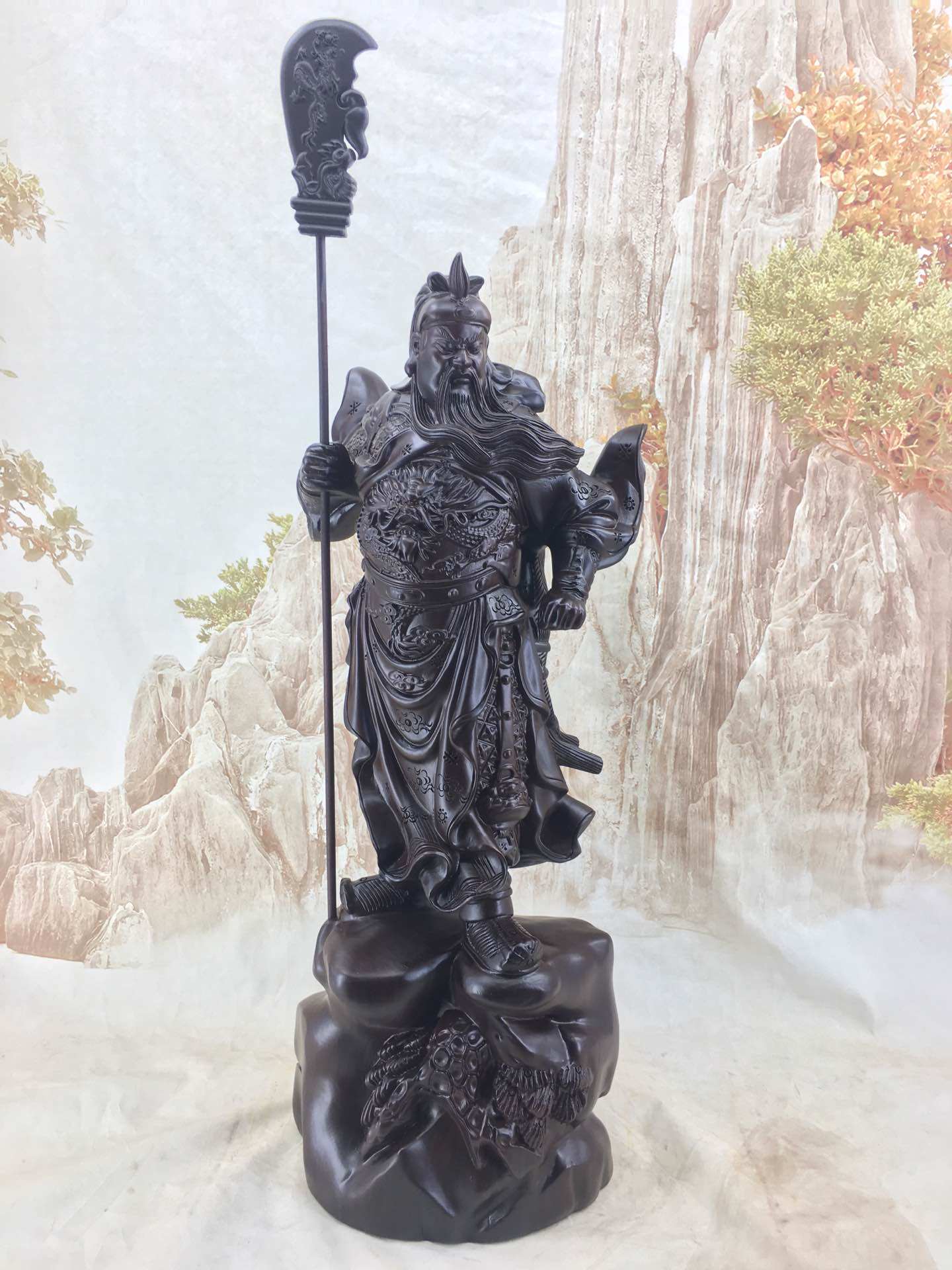 黑檀木雕关公大刀关二爷神像供奉招财摆件客厅武财神实木雕刻红木