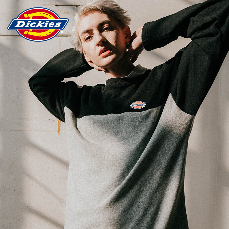 Dickies两袖印花撞色拼接卫衣 徽章全棉宽松圆领上衣女DK006043