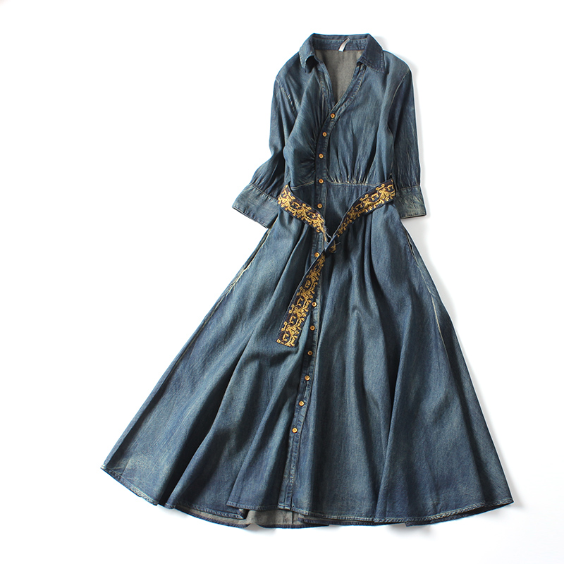 2019秋装新款北欧复古高腰牛仔连衣裙长裙七分袖腰带大摆裙刺绣潮|ruв категории Женская одежда, платье - от Buy2taobao.com для оказания профессиональной услуги покупки агента Taobao