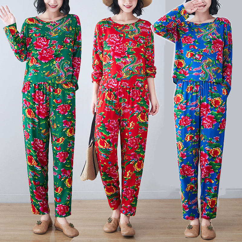东北大花棉绸套装女春夏复古时尚外穿宽松休闲大码长袖长裤居家服