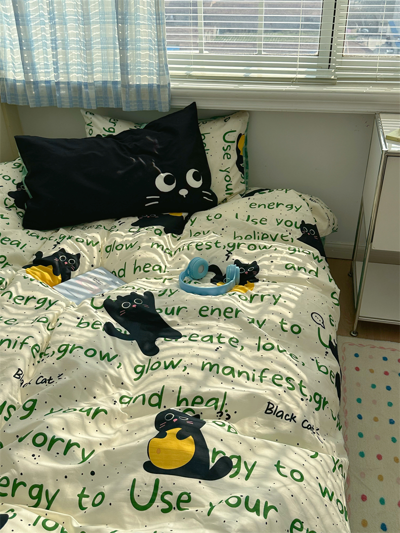 梨梦 小黑猫猫 ins可爱40支纯棉四件套全棉床单被套宿舍床上用品