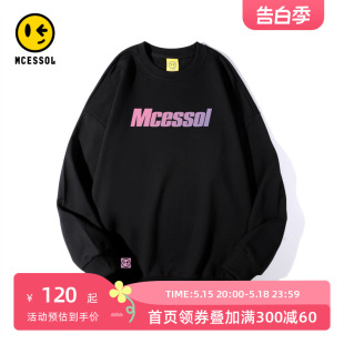 Mcessol设计师原创品牌渐变字母印花长袖黑色无帽卫衣男宽松圆领