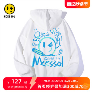 Mcessol设计师原创品牌手绘笑脸印花纯棉连帽卫衣男oversize宽松