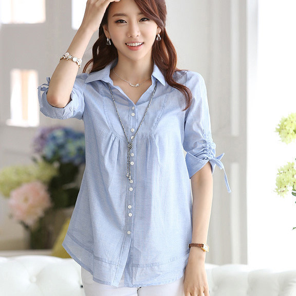 夏天七分袖中长款衬衫衣女土中袖韩版7分袖村衫寸衫衬衣褂杉上衣