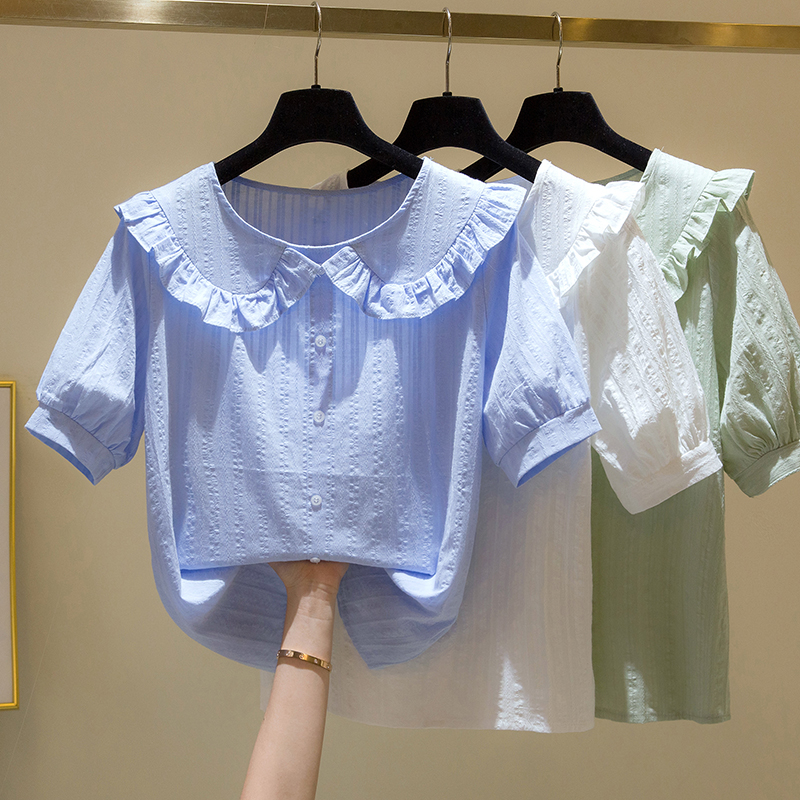 女童娃娃领短袖衬衣2023夏季新款中大儿童韩版洋气泡泡袖衬衫上衣