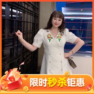 GLEC大码女装白色洋装礼服2024年新款V领时尚宴会连衣裙显瘦减龄