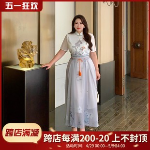GLEC大码女装胖mm 套装时髦中国风改良汉服时尚衬衫上衣+高腰半裙
