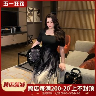 GLEC大码女装高端胖mm新中式国风拼接方领气质优雅黑色马面连衣裙
