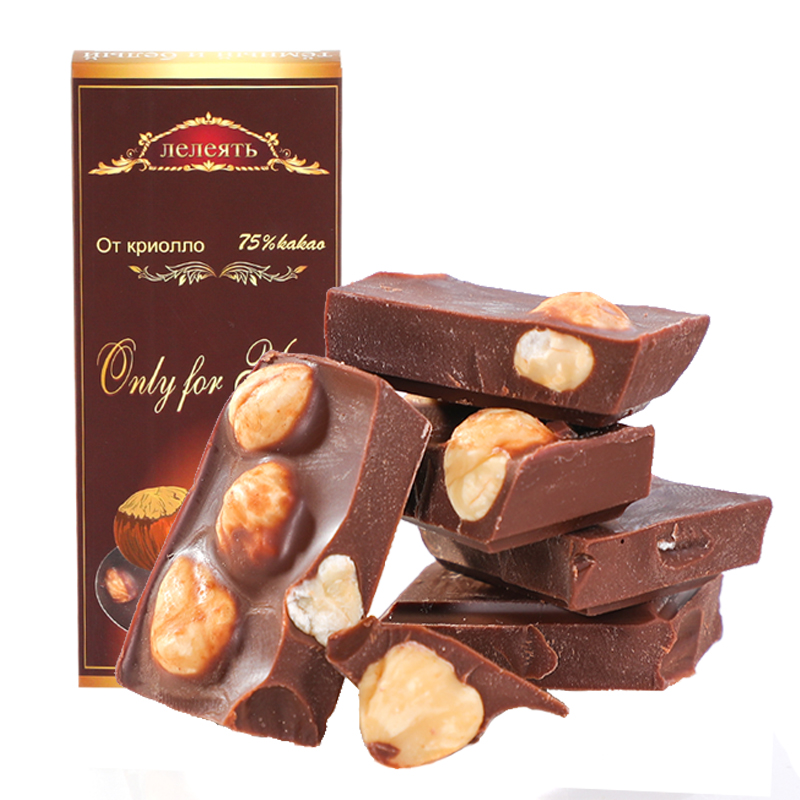 俄罗斯进口75%黑可可整颗大榛子夹心巧克力块100g_不打折现价11元