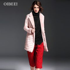 OIBEE2016秋冬女装新款时尚拼毛西装领修身中长款羽绒服