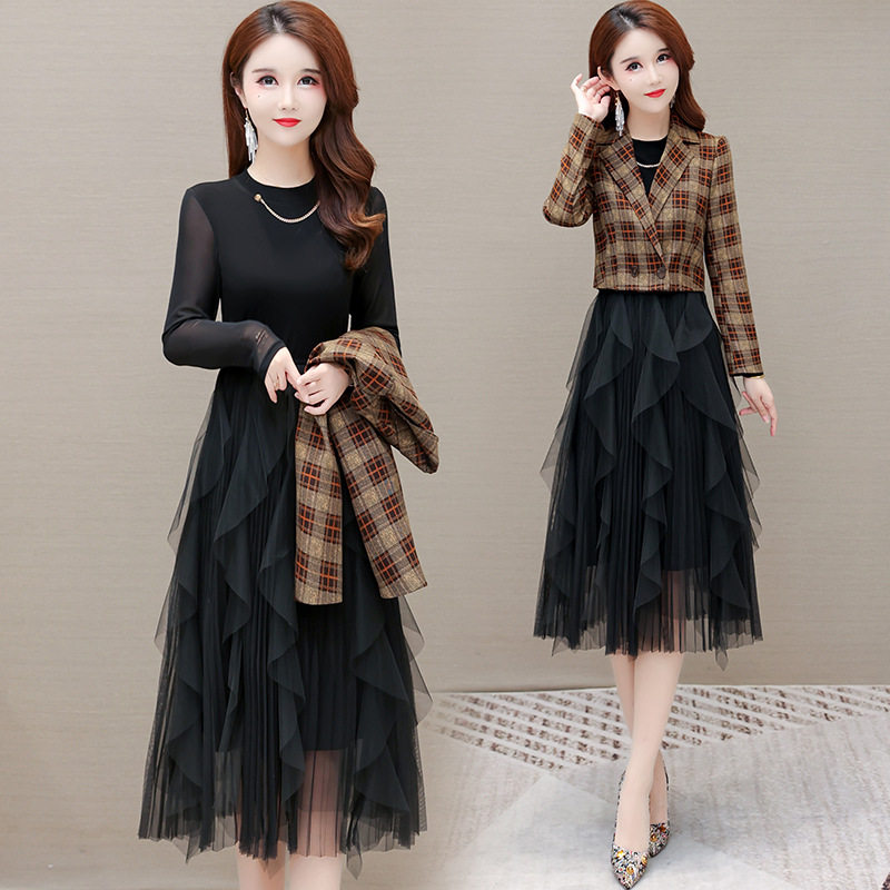 春季中青年女时尚两件套裙中年妈妈格子小西服长袖连衣裙网纱套装