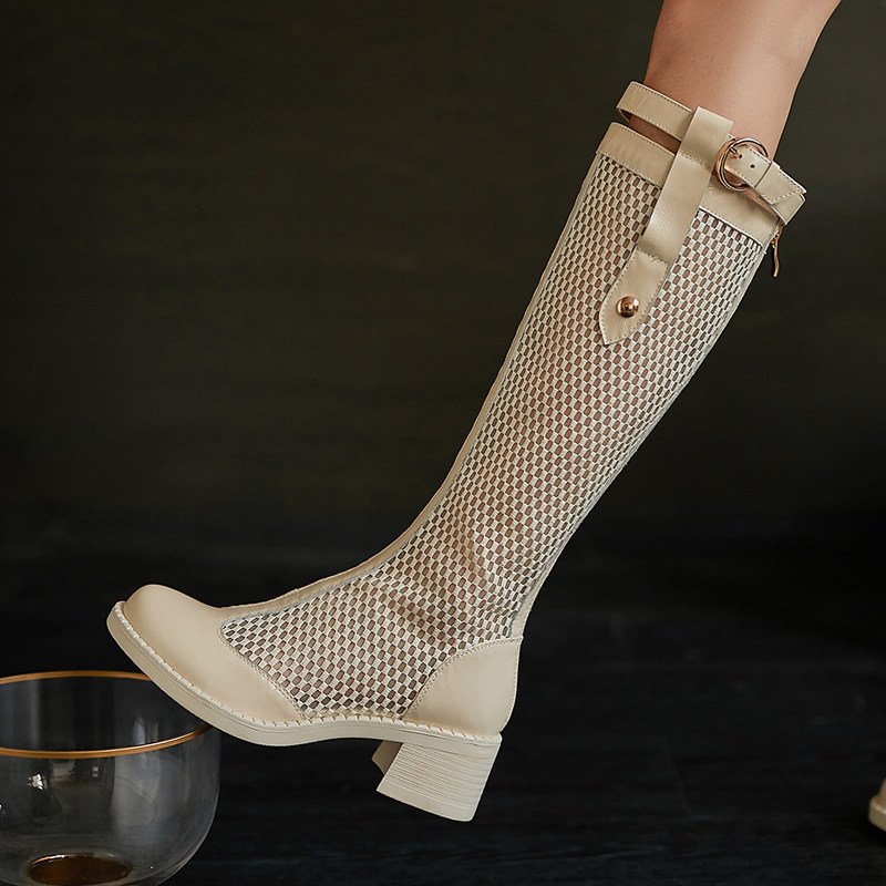 2021夏季真皮透气网纱长靴女粗跟镂空高筒靴网面皮带扣高跟女靴