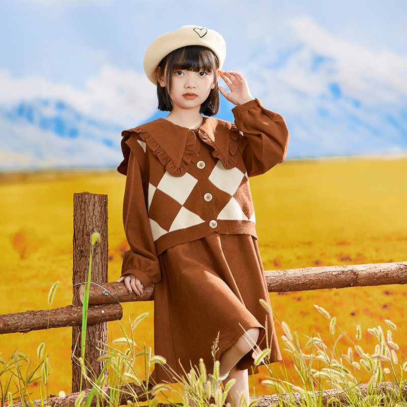女童针织裙套装秋冬新款儿童学院风马甲毛衣连衣裙子两件套中大童