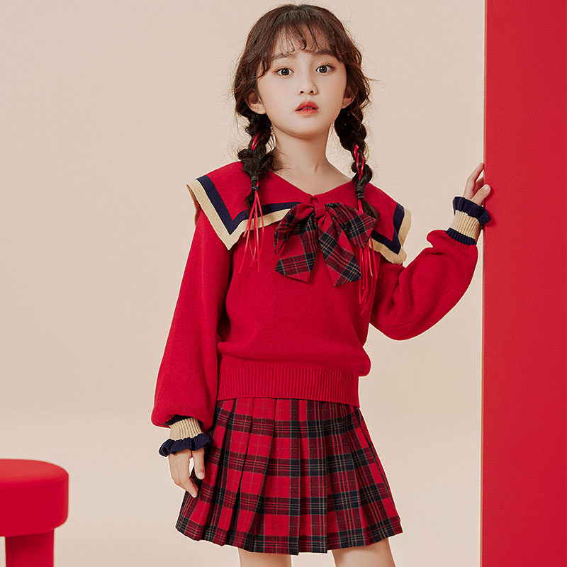 女童学院风套装冬季儿童洋气毛衣jk格子短裙两件套中大童过年衣服