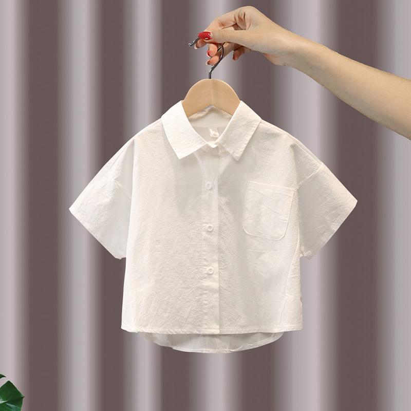 男童白色衬衣短袖儿童纯棉上衣潮男大童纯白衬衫男孩洋气生日礼服