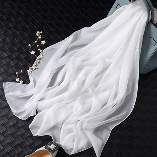 白色真丝丝巾女百搭新款韩版长款纯色桑蚕丝围巾冬季纱巾两用披肩