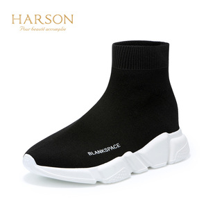 hermes是什麼牌子的鞋子 哈森女鞋子2020新款彈力佈跑步運動正品牌子黑色厚底中跟深口單鞋 hermes牌子