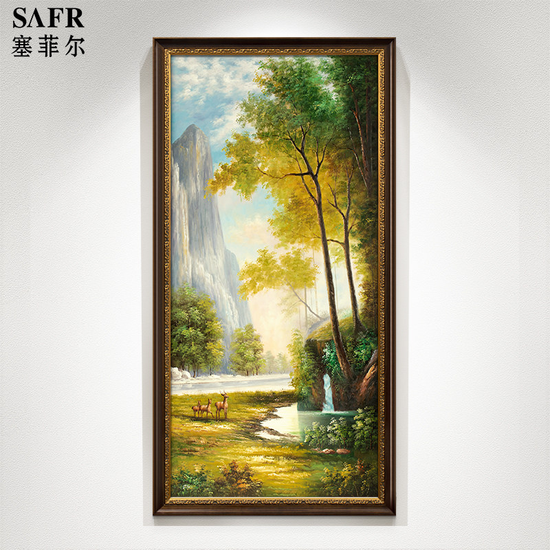 欧式油画手绘玄关装饰画竖版过道走廊挂画客厅山水风景画美式小鹿
