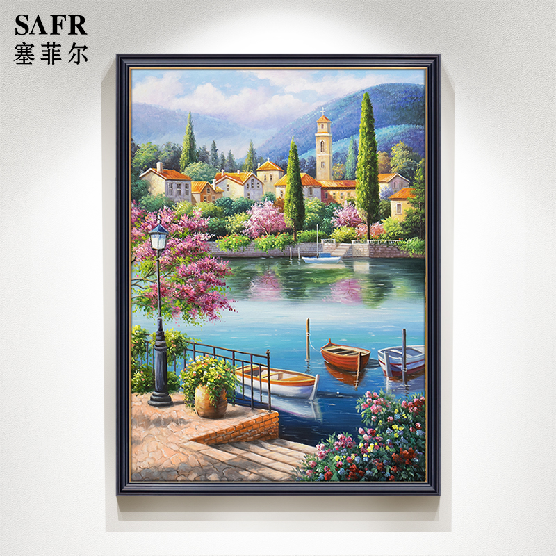 手绘油画欧式玄关竖版装饰画美式现代轻奢客厅过道挂画地中海风景