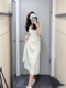 原女装夏季新品女士白色竖条纹无袖针织拼接连衣裙