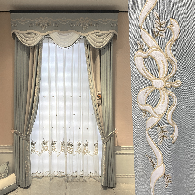 新款美式法式轻奢客厅卧室遮光窗帘高档加厚雪尼尔绣花窗帘窗纱