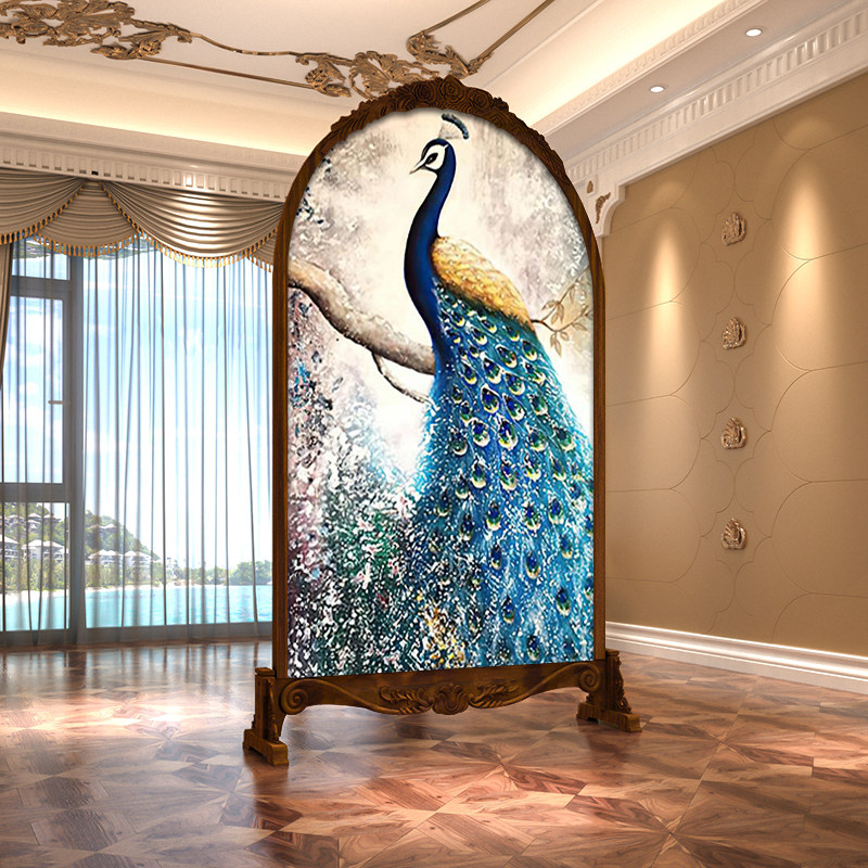 现代实木隔断屏风欧式遮挡办公室小户型卧室茶室酒店雕花座屏孔雀
