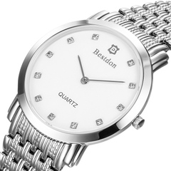 瑞士正品手表学生男款小表盘白色钢带简约2针镶钻防水男士石英表