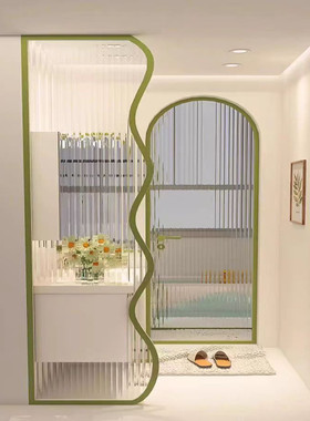 不锈钢定制免打孔简约长虹玻璃隔断酒店玄关弧形卫生间水纹波屏风