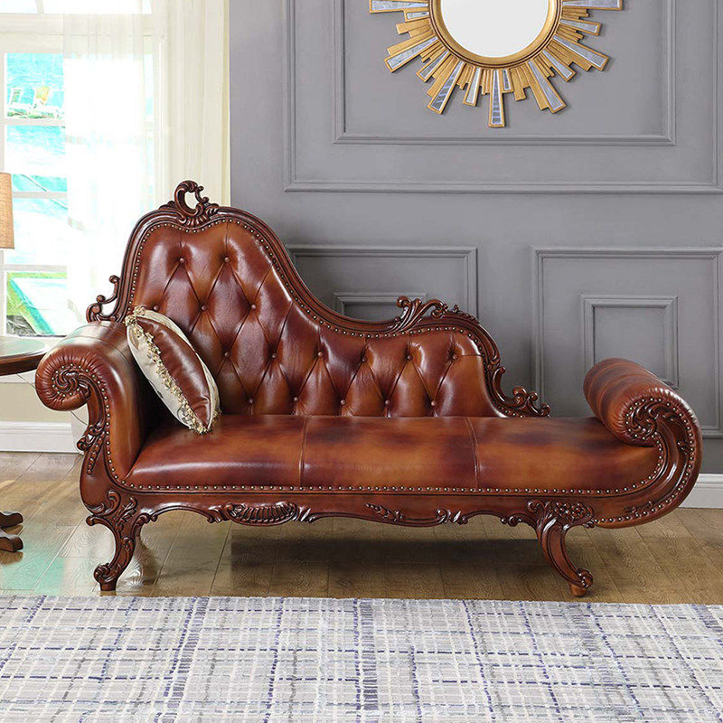 美嘉乐 美式实木贵妃椅 美人榻欧式双人真皮沙发卧室头层牛皮躺椅
