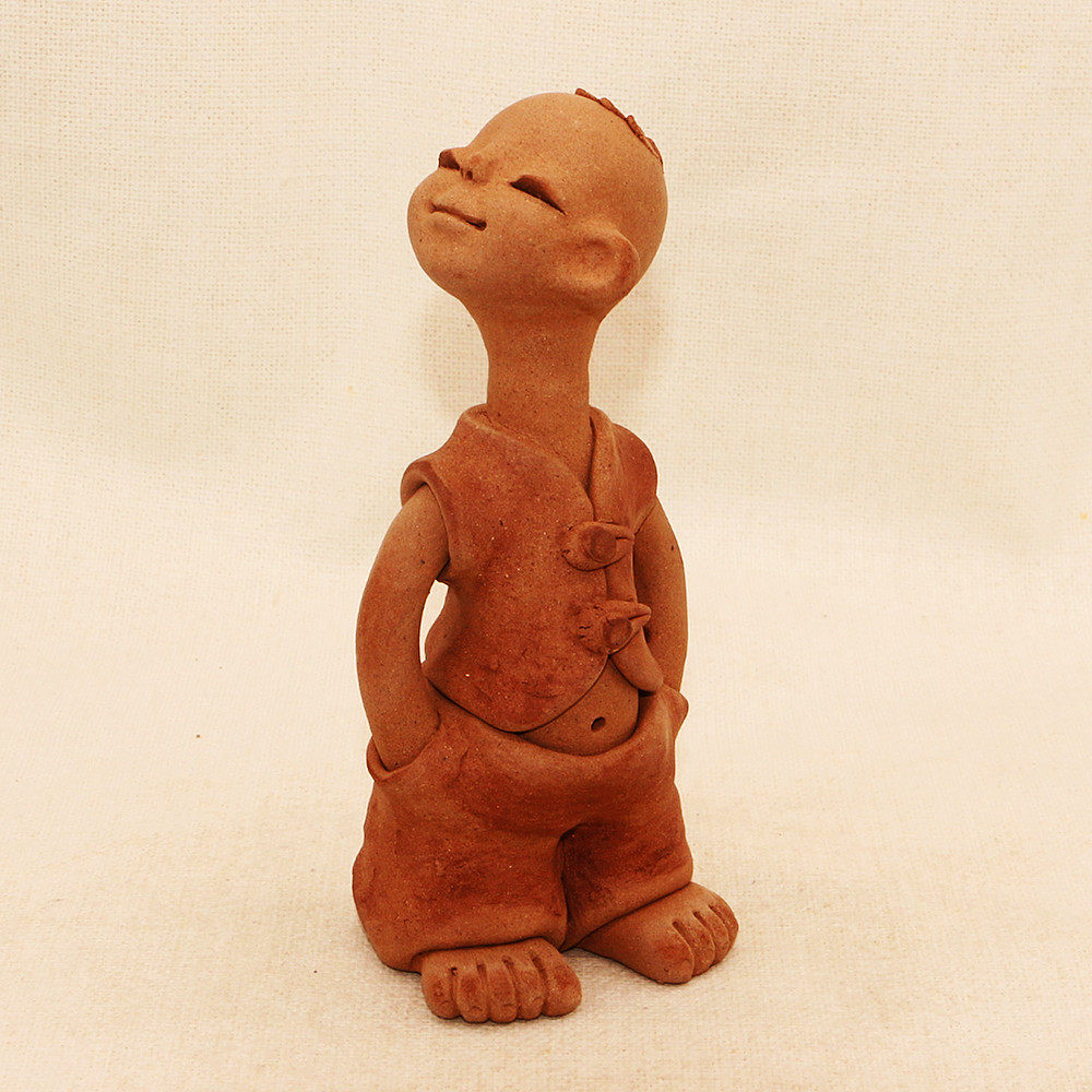 陶瓷工艺品纯手工土陶泥娃娃家居 人物粗陶 陶土 小长脖子摆件