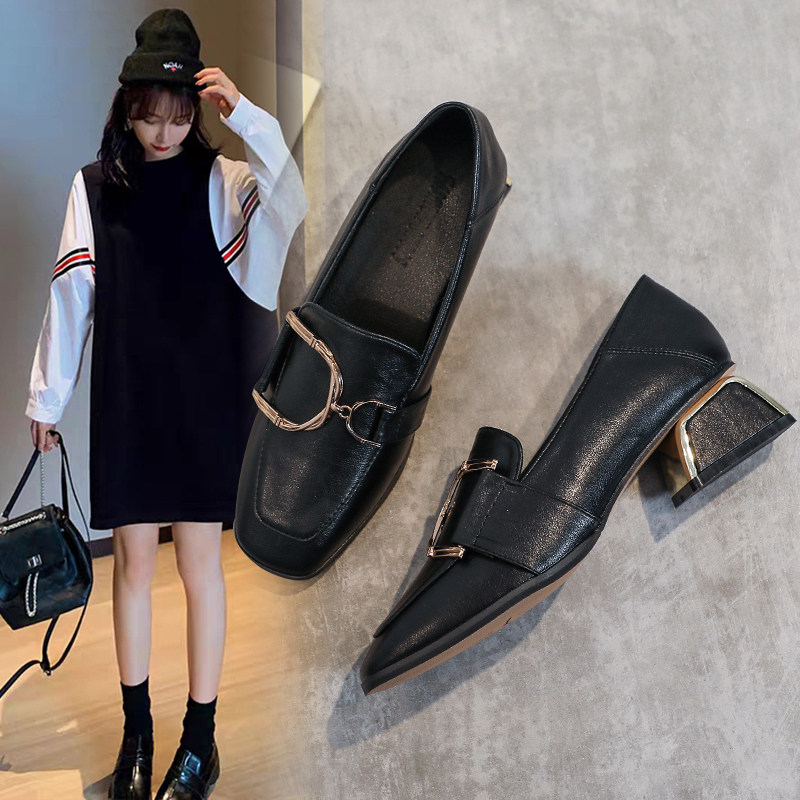 真皮小皮鞋女夏季英伦风黑色软底高跟春秋配裙子软皮工作舒适单鞋