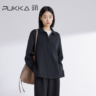 蒲PUKKA 极简风POLO领卫衣女2024春装新款翻领宽松休闲空气层上衣